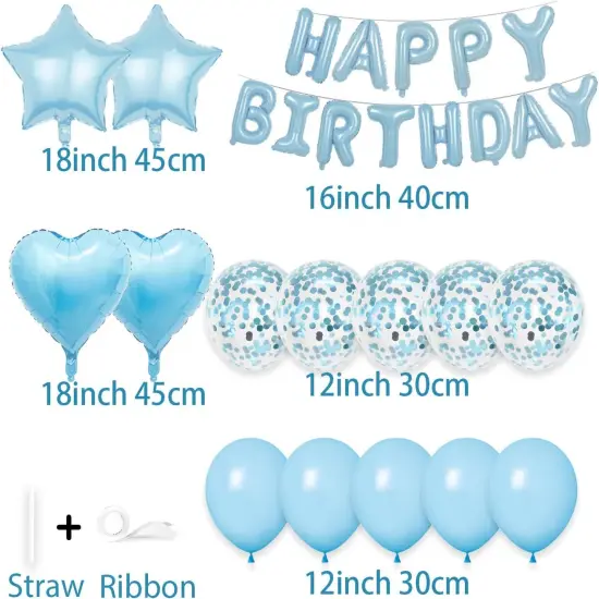 27 Pcs Light Blue Birthday Decorations Heart Foil Balloons Confetti Balloons Kit {3}