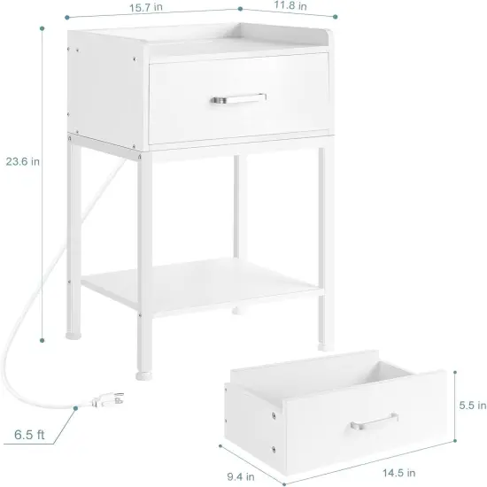 Nightstand with Charging Station & Storage Drawer, Retro Bedside Table with USB Ports, AC Outlets, and Adjustable Feet - Compact Bedside Cabinet for Small Spaces (23.6" H) {2}
