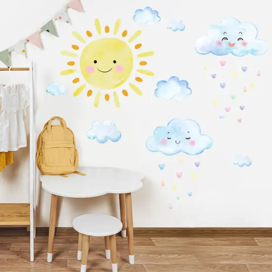 Summer Sun Wall Decals, Watercolor White Clouds Wall Sticker, Boy Girl Room Decoration Sun Stickers, Peel and Stick Removable Sun and White Clouds Wall Decor,for Boys and Girls Room, Children's Bedroom. {1}