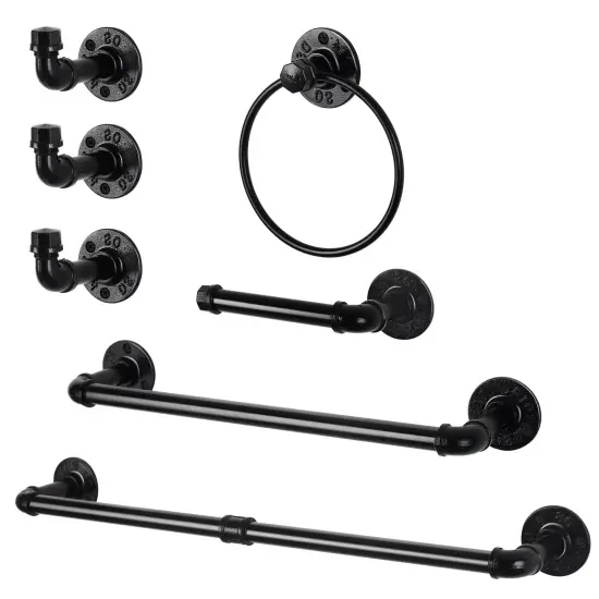 7pcs Black Metal Toilet Paper Holder & Towel Rack Set - Industrial Wall-Mounted Bathroom Hardware, Space-Saving No-Assembly Design with Chamfered Edges {1}