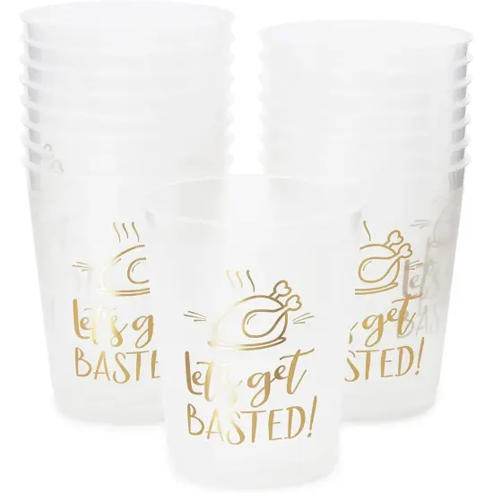 Sparkle and Bash 16 Pack Thanksgiving Plastic Cups, 16 oz Disposable Clear Tumblers - Let's Get Basted Gold Foil Design - Friendsgiving Holiday Party Supplies {7}