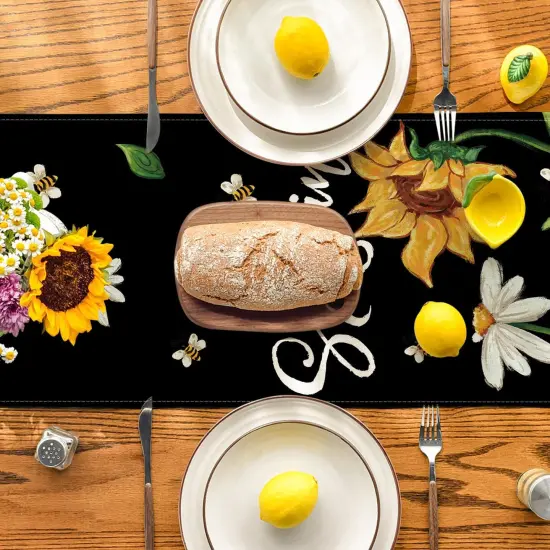 Black Sunflowers Daisy Bees Summer Table Runner, Seasonal Spring Kitchen Dining Table Decoration for Home Party Decor 13x72 Inch {3}