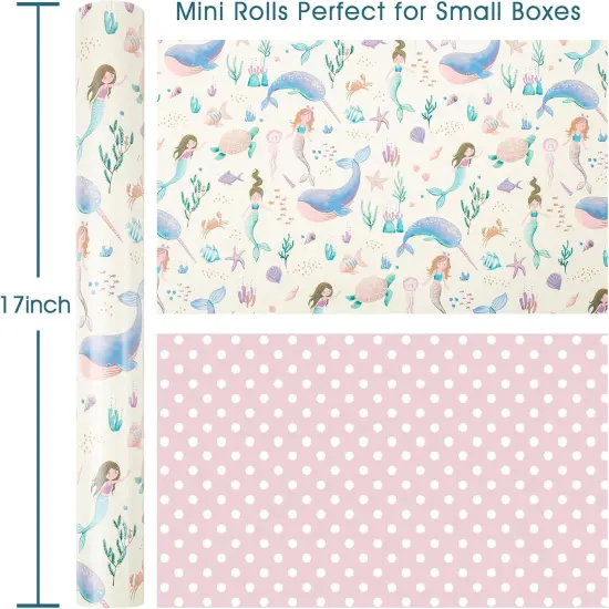 Reversible Mermaid Wrapping Paper Roll- Whale,Turtle and Sea Creature with Pink Polka Dot for Kids,Girls,Baby Shower,Birthday-Mini Roll-17 Inch X 32.8 Feet {4}