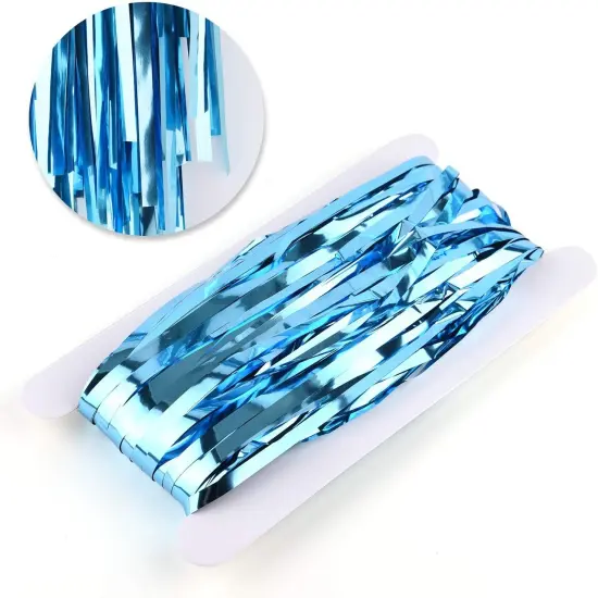 2pcs 3ft x 8ft Light Blue Metallic Tinsel Foil Fringe Curtains Backdrop for Frozen Mermaid Blue Birthday Party Decorations, Baby Shower Bachelorette Bridal Shower Party Decorations {2}