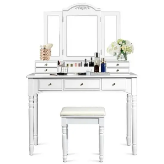 Makeup Dressing Table with Tri-Folding Mirror and Cushioned Stool Perfect for Women White {7}