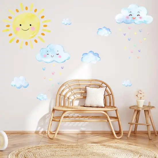 Summer Sun Wall Decals, Watercolor White Clouds Wall Sticker, Boy Girl Room Decoration Sun Stickers, Peel and Stick Removable Sun and White Clouds Wall Decor,for Boys and Girls Room, Children's Bedroom. {2}