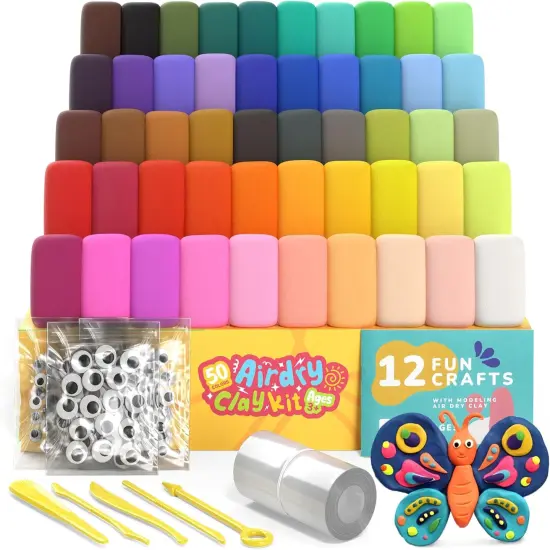 Air Dry Clay for Kids & Adults - Magic Modeling Clay Kit: 50 Vibrant Colors, 100 Googly Eyes, Soft & Safe Material - Creative Fun Arts and Crafts Set {1}