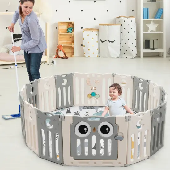 16-Panel Baby Activity Center Play Yard with Lock Door and Non-Slip Silicone Base Beige {6}