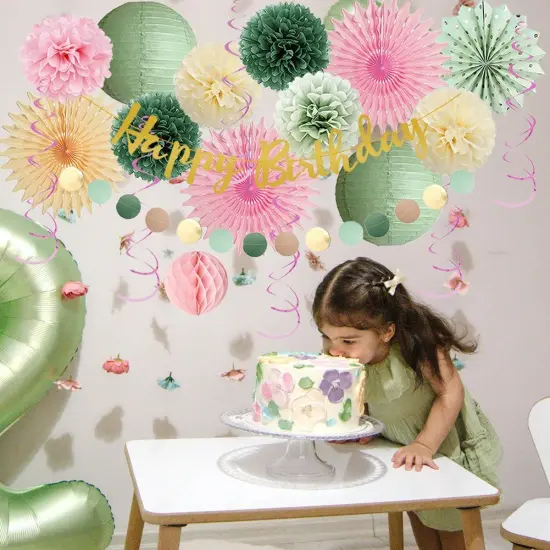 Sage Green and Pink Birthday Decorations for Women Cream Light Pink Paper Fans Tissue Paper Pom Poms Olive Green and Pink Birthday Decorations with Happy Birthday Banner Gold for Girls {2}