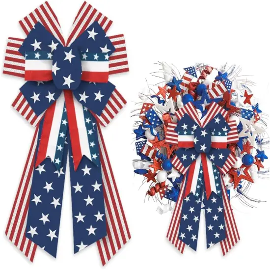 Large Patriotic Bows for Wreath, Memorial Day Wreath Burlap Bows for Front Door, Red Blue White Stripe Patriotic Star Tree Topper Bow for 4th of July Indoor Outdoor Decoration {1}