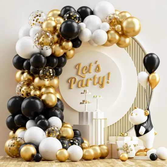 Black and Gold Balloons Garland Arch Kit, 120PCS Black White Metallic Gold Balloons Arch Kit with Confetti Balloons {1}
