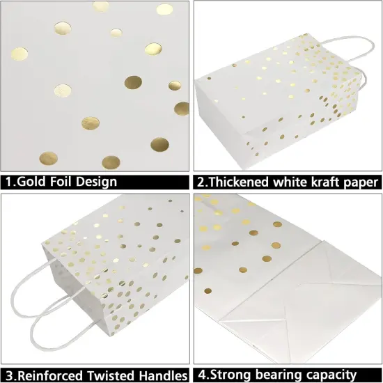 White and Gold Foil Paper Gift Bags with Handles, 25 Pieces Party Favor Bags Birthday Bags {2}