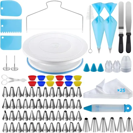 112Pcs Cake Decorating Supplies Kit, Included Cake Turntable, Cake Leveler, 54 Numbered Icing Piping Tips, 2 Spatulas, 3 Scraper, 30+2 Piping Bags, Mother's Day Gift Ideas {1}