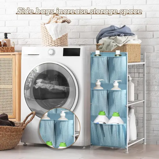 3-Tier Laundry Room Storage Rack with Hooks & Storage Bags - White Space-Saving Shelves for Detergent, Towels, Supplies - Multifunctional Organizer for Bathroom, Kitchen, Garage {5}