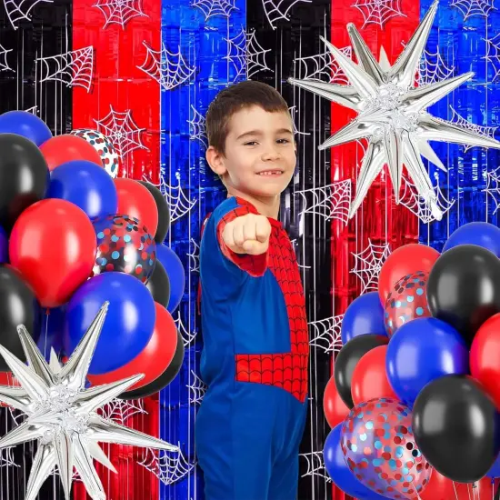 Red Blue Black Balloon Set, Spider Themed Balloons with Silver Boom Star, 12 Inch Latex Balloon with Red Blue Confetti Balloons for Boys Birthday Party Decoration {4}