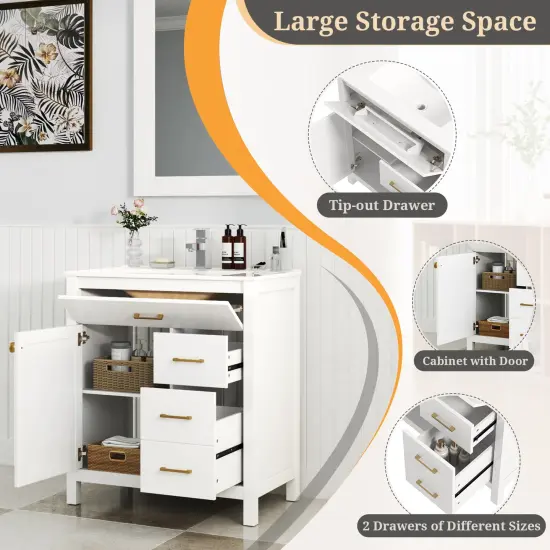 White MDF Bathroom Vanity with Ceramic Sink and Storage {6}