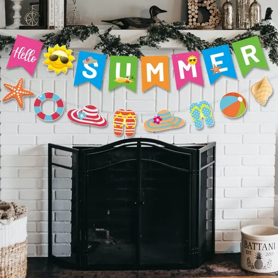 Hello Summer Banner and Beach Patterns Banner Colorful Summer Bunting Banner with Sun Signs Summer Beach Pool Party Banner for Wall Mantle Fireplace Party Hanging Decorations {4}