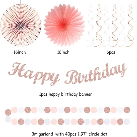 Pink White Rose-Gold Birthday Party-Decorations - 21pcs Happy Banner, Paper Lanterns,Tissue Pom Poms Flower Fan,Honeycomb Ball,Swirl Streamers Garland Supplies Decor Girls Women {3}