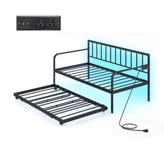 Black Metal Daybed with Pop-up Trundle, LED Lighting, Charging Station and USB Ports {1}