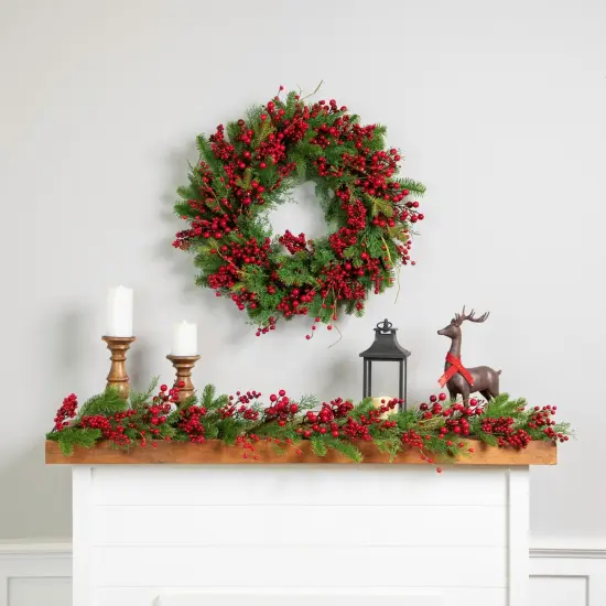 Northlight Cedar, Pine and Red Berries Artificial Christmas Wreath - 28" - Unlit Green {5}