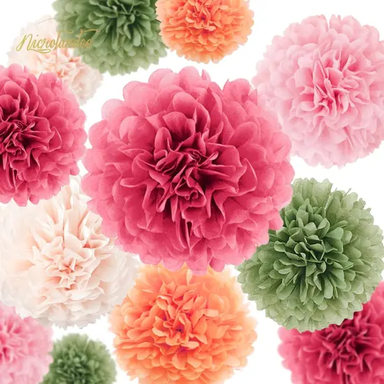 Wedding Party Decorations - 15Pcs Pink, Sage Green, Ivory Tissue Paper Pom Pom for Birthday Pastel Decorations, Engagement Baby/Bridal Shower Anniversary Valentine Dot Paper Backdrop Decor {2}