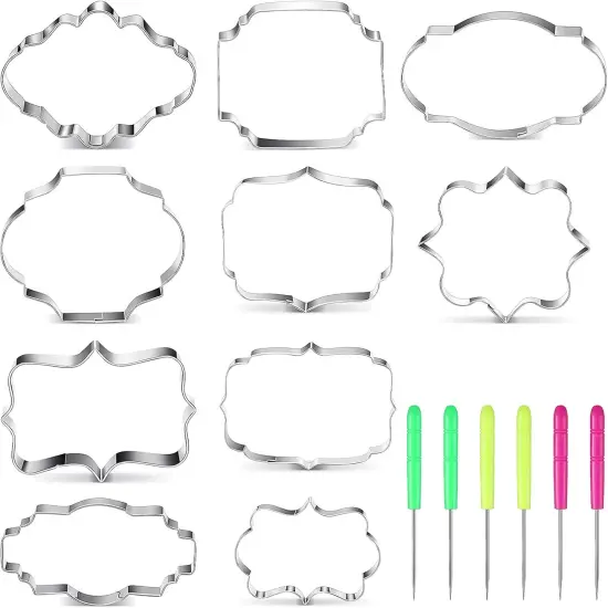 10 Pieces Plaque Frame Cookie Cutter Stainless Steel Biscuit Cutter Fondant Cake Decorating Tools and 6 Pieces Sugar Stirring Pins for Kitchen Baking {1}