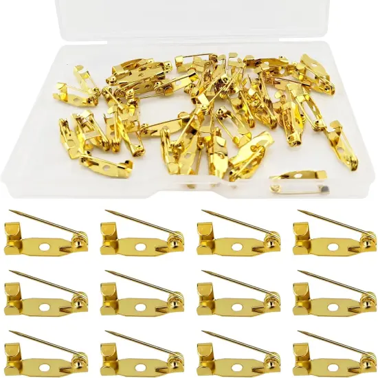 50 Pcs Brooch Pins, Safety Pins, Pin Badge Backs with Holes for Jewelry Crafting, Sewing Fabric (15MM, Gold) {1}
