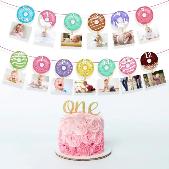 Donut First Birthday Banner, Doughnut Photo Banner for Girl, Donut Grow Up 1st Picture Banner Party Decoration {3}