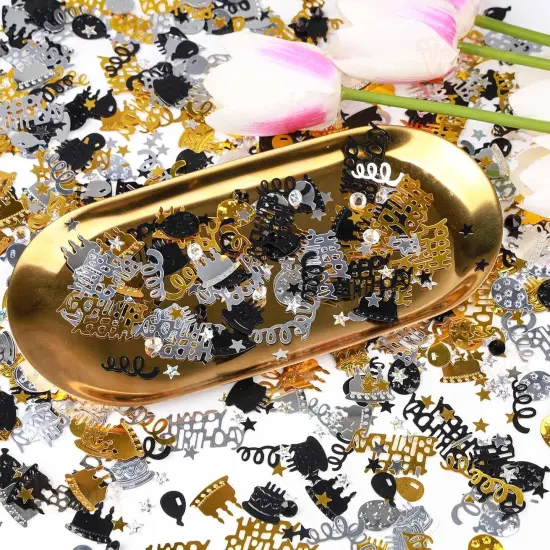 Happy Birthday Confetti, 1.6 oz Black Gold Silver Cake Balloon Star Goblet Bottle Glitter Confetti for Happy Birthday Party Decorations Boys Girls Kids Women Men Birthday Table Decorations {4}