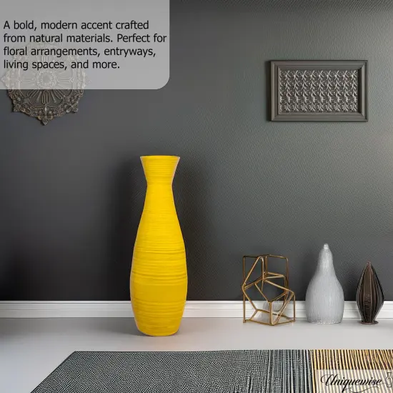 Uniquewise 24" Tapered Cylindrical Tall Bamboo Floor Vase with Flared Trumpet Top Decorative Accent for Dried Flowers Pampas Grass and Branch Arrangements Stylish Home and Office Decor Piece Yellow {4}