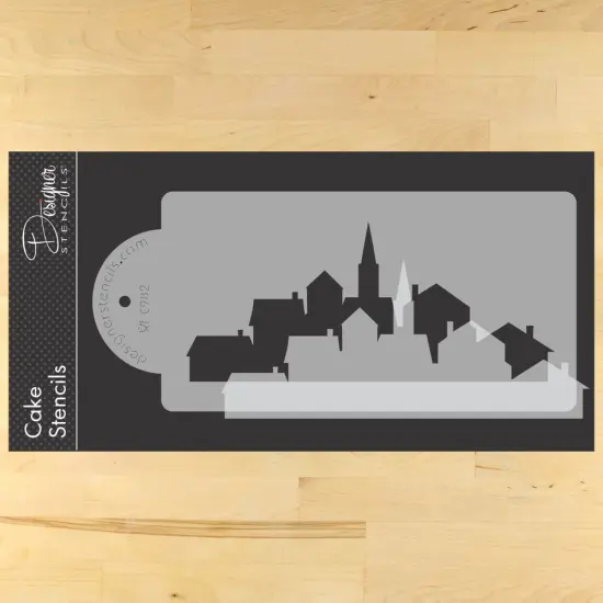 Village Silhouette Cake Stencil | C982 by Designer Stencils | Cake Decorating Tools | Baking Stencils for Royal Icing, Airbrush, Dusting Powder | Reusable Plastic Food Grade Stencil for Cakes | Easy to Use & Clean Cake Stencil {1}