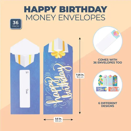 36 Pack Bulk Happy Birthday Money Envelopes for Cash Gifts, Coins, Checks (4 x 7 In) Multicolor {2}