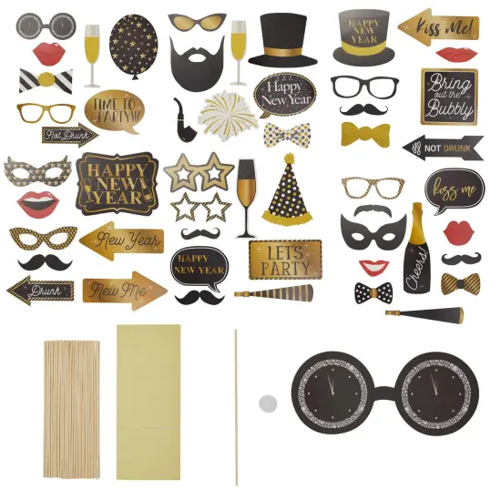 50 Piece New Year's Eve Photo Booth Props, Black and Gold New Year Party Supplies Multicolor {1}