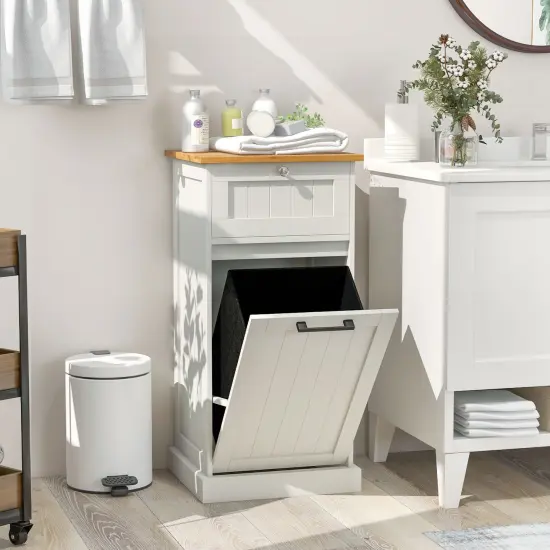 10 Gallon White MDF Laundry Hamper with Tilt-Out Cabinet Drawer and Portable Handle for Bathroom {6}