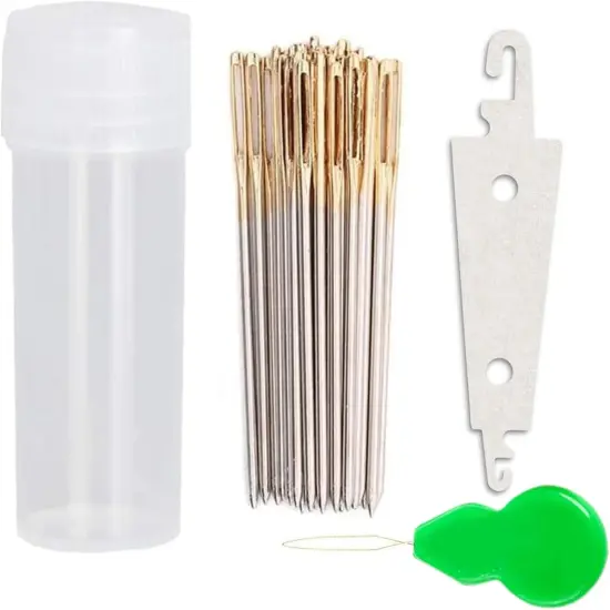 100pcs Cross Stitch Needles + 2 Needle Threader Golden Color Large Eyes Cross Stitch DIY Embroidery Hand Needles Sewing Needles in Transparent Box (26#) {1}