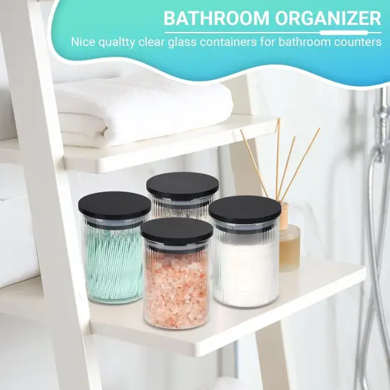 2 Pack Ribbed Glass Qtip Holder Dispenser Set - Apothecary Jars with Lids - Bathroom Canister Storage Organizer and Vanity Makeup Organizer for Cotton Ball, Cotton Swab, Cotton Round Pads,Floss {2}