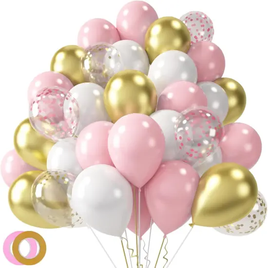 60PCS Pink Balloons, 12 Inches White Gold Confetti Latex Balloons with Ribbon Thicken {1}