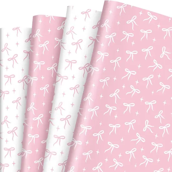 8 Sheets Pink Bow Wrapping Paper - Not Roll - Pink White Coquette Bowknot Gift Wrap Paper Folded Flat for DIY Crafts Birthday Baby Shower Bachelorette, 19.7 x 27.6 Inch {1}