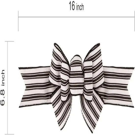 2 Pcs Farmhouse Stripe Wired Ribbon Handmade Premade Black and White Striped Burlap Bows for Wreaths Tree Decorations Gift Wrapping Outdoor Decoration(Black and White Stripe) {2}