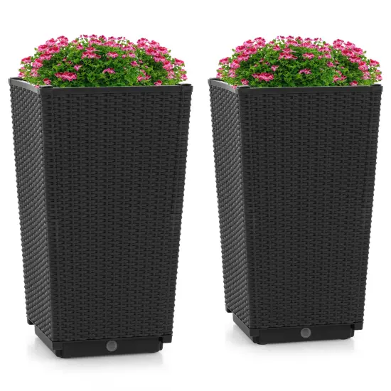Wicker Planter Set of 2 with Self-Watering System and Weather-Resistant PP Material Black {8}