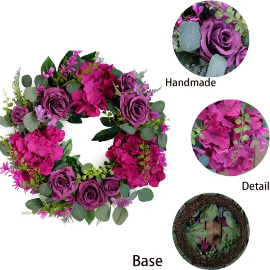 Artificial Purple Rose Wreath - 20 Inches Front Door Wreath with Hydrangea Leaves for Spring, Valentines, Mother's Day, Wedding & Home Decor {3}
