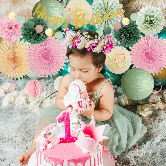 Sage Green and Pink Birthday Decorations for Women Cream Light Pink Paper Fans Tissue Paper Pom Poms Olive Green and Pink Birthday Decorations with Happy Birthday Banner Gold for Girls {4}