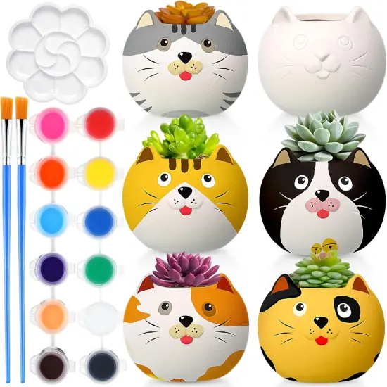 6 Set DIY Ceramic Succulent Planter Pots Paint Your Own Flower Pots Craft Kit {1}
