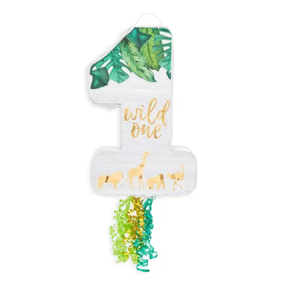 BLUE PANDA Number 1 Pull String Pinata for Wild One 1st Birthday Safari Animals Party Decorations, Jungle Pinata, Zoo Theme Party Supplies (16.5 x 11.6 x 3 In) Green {7}