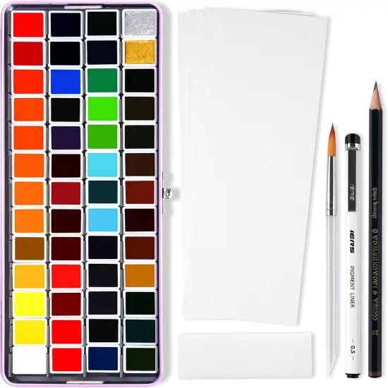Watercolor Paint Set 52 Colors in Half Pans with Drawing Pencil, Paint Brushes, 5 Watercolor Paper, Sponge, Black Drawing Pens, Art Supplies for Adults Travel Watercolor & Purple Box {1}
