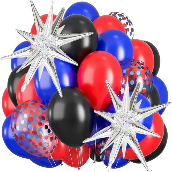 Red Blue Black Balloon Set, Spider Themed Balloons with Silver Boom Star, 12 Inch Latex Balloon with Red Blue Confetti Balloons for Boys Birthday Party Decoration {1}