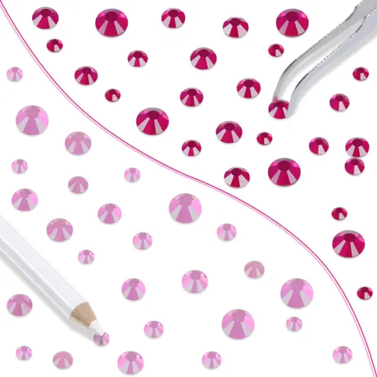 6400 Pieces Pink and Fuchsia Hotfix Rhinestones Flat Back 5 Mixed Sizes Crystal Round Glass Gems with Tweezers and Picking Rhinestones Pen {4}