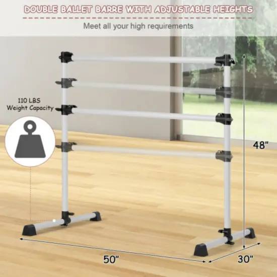Adjustable Freestanding Ballet Barre with Double Poles and Non-Slip Feet Silver {2}