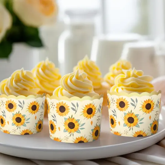 100Pcs Sunflower Paper Baking Cups with Scalloped Gold Rim Yellow Green Sunflower Cupcake Wrappers Cupcake Muffin Cases for Summer Party Supplies {1}