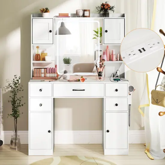 White Vanity Set with LED Mirror, Charging Station & Ample Storage {5}